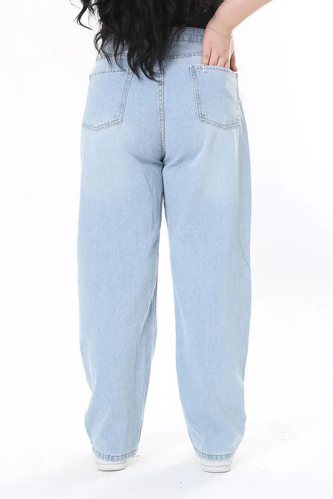 Plus Size High Waist 5 Pockets Blue Jeans