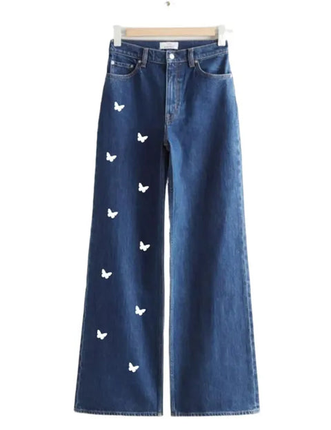 Blue Butterfly High Waist Wide Leg Denim WLDRZ01