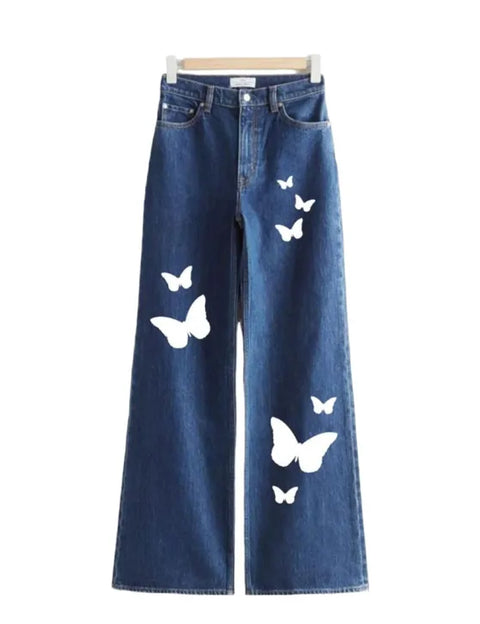 Blue Butterfly High Waist Wide Leg Denim WLDRZ01
