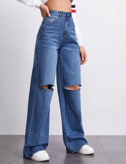 Mid Blue High Waist Ripped Wide Leg Denim RPDRZ03