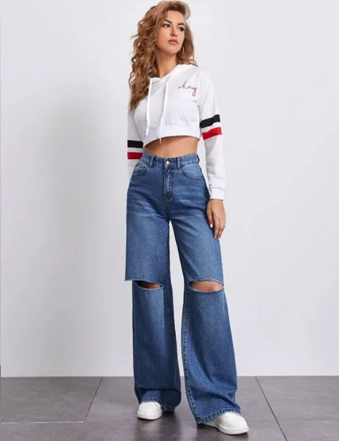 Mid Blue High Waist Ripped Wide Leg Denim RPDRZ03