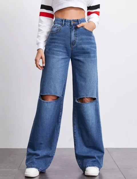 Mid Blue High Waist Ripped Wide Leg Denim RPDRZ03