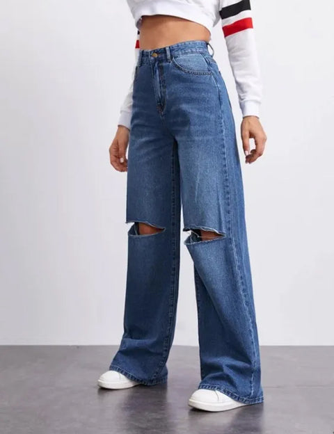 Mid Blue High Waist Ripped Wide Leg Denim RPDRZ03
