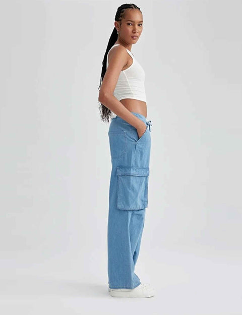 Straight Fit Cargo Regular Waist Long Jean Pants PTKHI01
