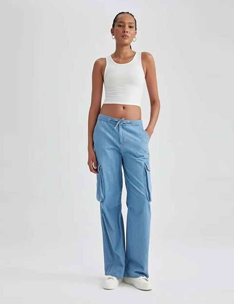 Straight Fit Cargo Regular Waist Long Jean Pants PTKHI01