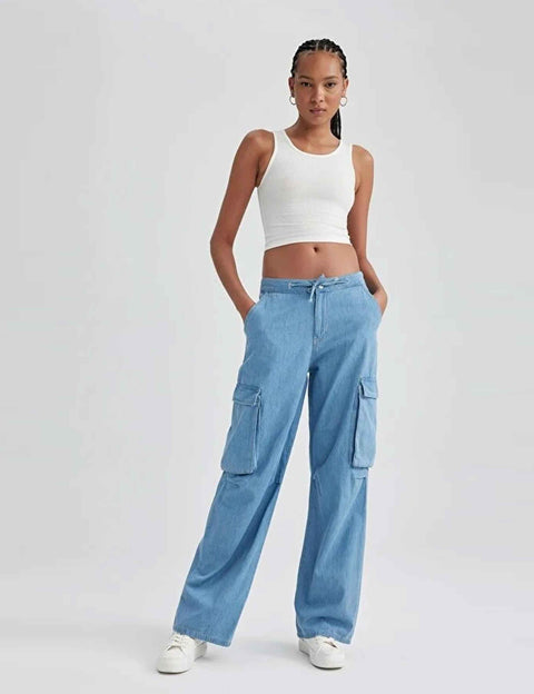 Straight Fit Cargo Regular Waist Long Jean Pants PTKHI01