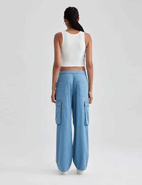 Straight Fit Cargo Regular Waist Long Jean Pants PTKHI01