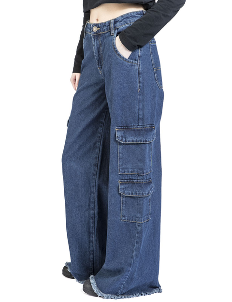 Mid Waist Cargo Denim Pants