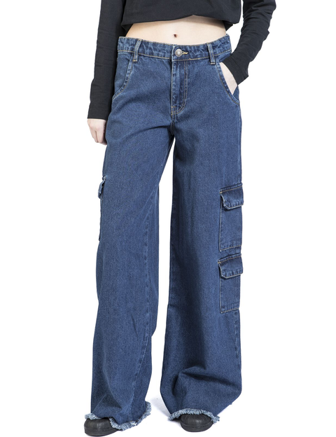 Mid Waist Cargo Denim Pants